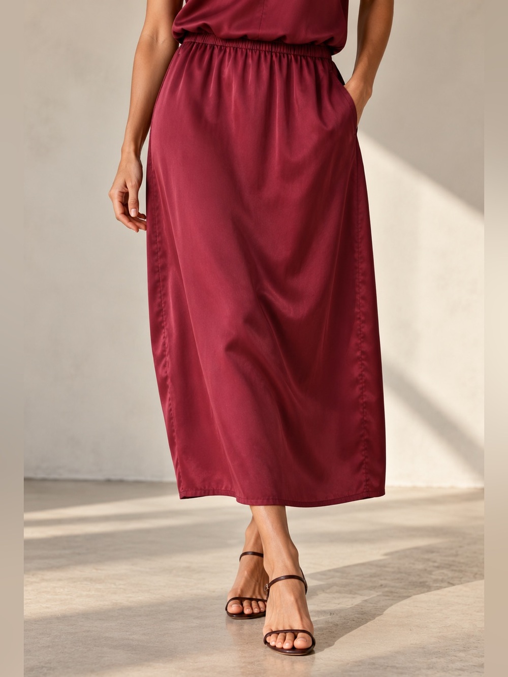 Eileen Fisher Satin Lantern Midi Skirt Burgundy Red Size Large